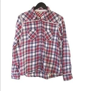 Guess Red Plaid Lace Detail Button Down Long Sleeve Shirt